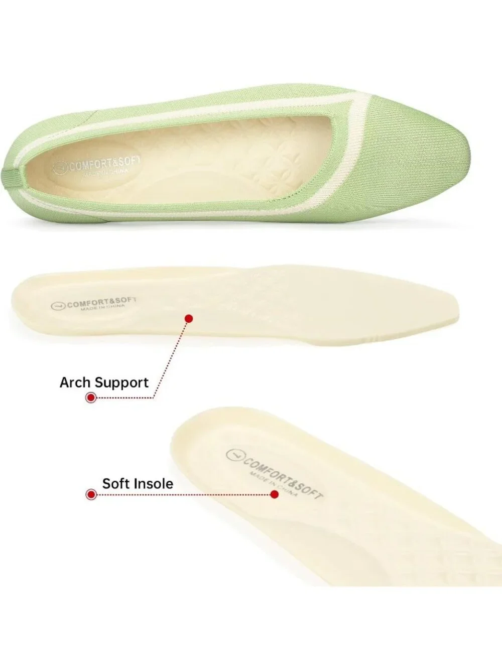 Frank Mully Women's Green Rubber Knitted Square Toe Comfortable Slip On Flats